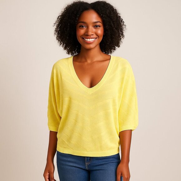 New York & Company Tops - New York & Company Yellow Knit V-Neck Batwing Sleeve Pullover Top Size L (NWT)